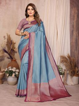 Vedant Vastram - Blue Litchi Silk Banarasi Saree with Unstitched Blouse