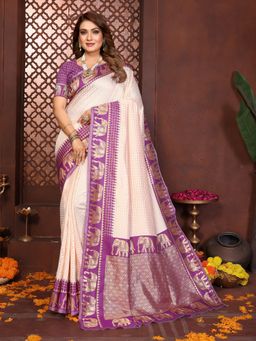 Vedant Vastram - Purple Litchi Silk Banarasi Saree with Unstitched Blouse