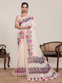 Vedant Vastram - Cream Linen Printed Bollywood Saree with Unstitched Blouse