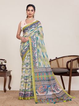 Vedant Vastram - Olive Linen Fancy Printed Bollywood Saree with Unstitched Blouse