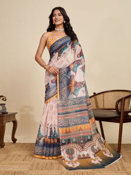 Vedant Vastram - Beige Linen Fancy Printed Bollywood Saree with Unstitched Blouse