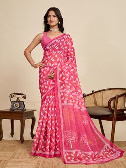 Vedant Vastram - Pink Linen Fancy Printed Bollywood Saree with Unstitched Blouse