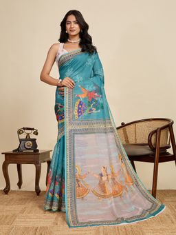 Vedant Vastram - Aqua Linen Fancy Printed Bollywood Saree with Unstitched Blouse