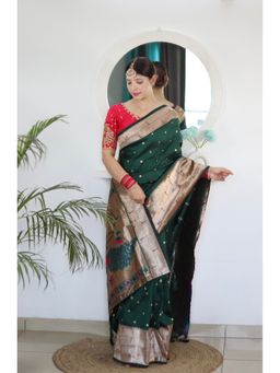 Vedant Vastram - Green Soft Litchi Silk Paithani Jacquard Saree with Unstitched Blouse