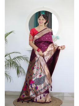 Vedant Vastram - Wine Soft Litchi Silk Paithani Jacquard Saree with Unstitched Blouse