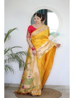 Vedant Vastram - Yellow Soft Litchi Silk Paithani Jacquard Saree with Unstitched Blouse