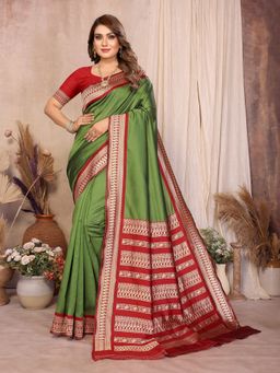 Vedant Vastram - Green Litchi Silk Banarasi Saree with Unstitched Blouse