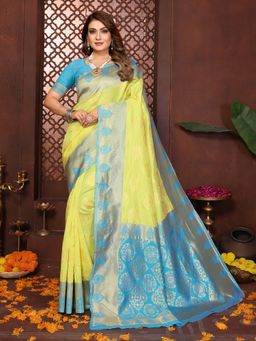 Vedant Vastram - Yellow Litchi Silk Banarasi Saree with Unstitched Blouse