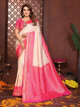 Vedant Vastram - Pink Litchi Silk Banarasi Saree with Unstitched Blouse