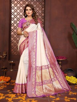 Vedant Vastram - Cream Litchi Silk Banarasi Saree with Unstitched Blouse
