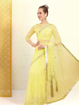 Kartika - Lime Yellow Sequin Embroidered Floral Motifs Saree with Unstitched Blouse