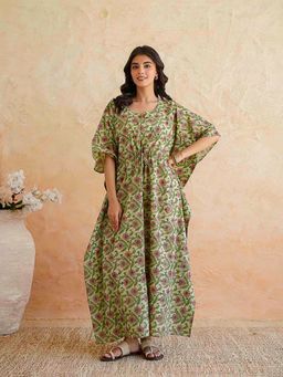 GOODHAND - Green Printed Cotton Long Kaftan Dress