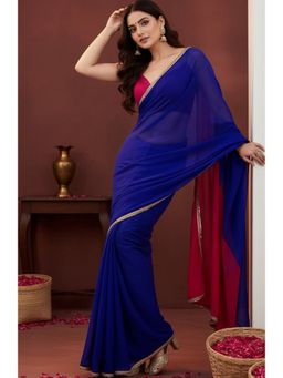 Kartika - Royal Blue and Pink Dual-Tone Gold Lace Border Saree with Unstitched Blouse