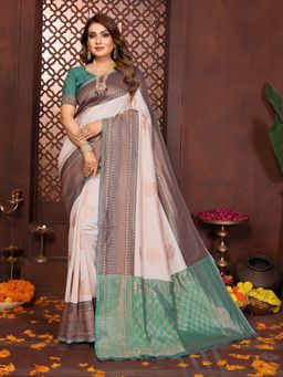 Vedant Vastram - Beige Litchi Silk Banarasi Saree with Unstitched Blouse