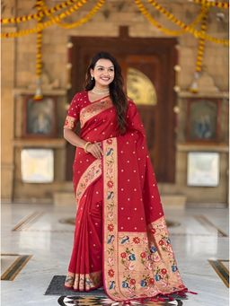Vedant Vastram - Red Soft Litchi Silk Paithani Jacquard Saree with Unstitched Blouse