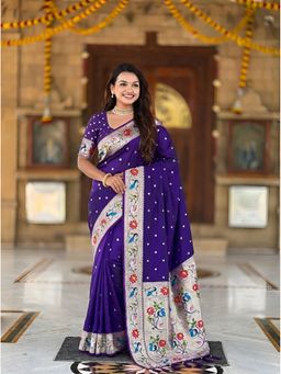 Vedant Vastram - Indigo Soft Litchi Silk Paithani Jacquard Saree with Unstitched Blouse