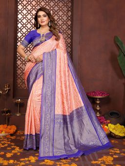 Vedant Vastram - Peach Litchi Silk Banarasi Saree with Unstitched Blouse