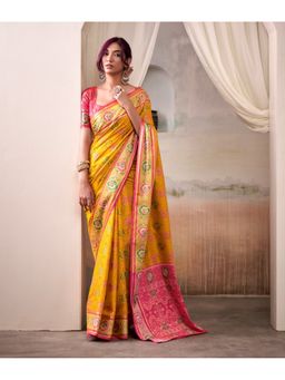 BFM - Yellow Patola Silk Printed Ethnic Motifs Saree with Unstitched Blouse