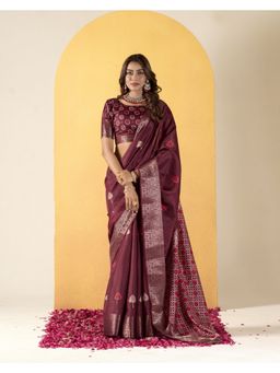 BFM - Maroon Dola Silk Printed Saree with Unstitched Blouse