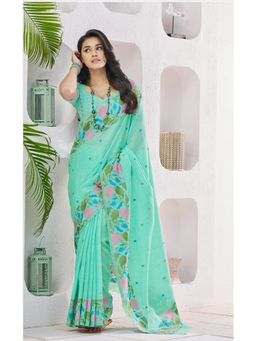 BFM - Green Linen Silk and Polka Dot Embroidery Design Saree with Unstitched Blouse