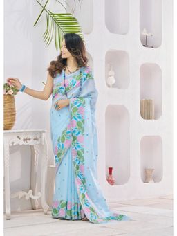 BFM - Blue Linen Silk and Polka Dot Embroidery Design Saree with Unstitched Blouse