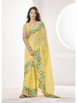 BFM - Yellow Linen Silk and Polka Dot Embroidery Design Saree with Unstitched Blouse