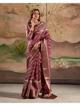BFM - Maroon Dola Silk Printed Saree with Unstitched Blouse