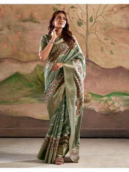 BFM - Green Dola Silk Printed Saree with Unstitched Blouse