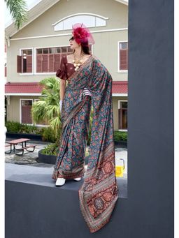 BFM - Blue Satin Crepe Silk Printed Saree with Unstitched Blouse