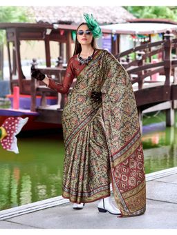 BFM - Brown Satin Crepe Silk Printed Saree with Unstitched Blouse