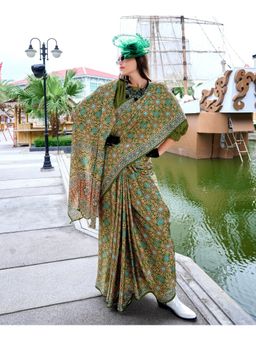 BFM - Green Satin Crepe Silk Printed Saree with Unstitched Blouse