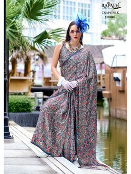 BFM - Grey Satin Crepe Silk Printed Saree with Unstitched Blouse