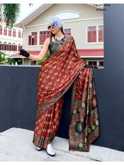 BFM - Red Satin Crepe Silk Printed Saree with Unstitched Blouse