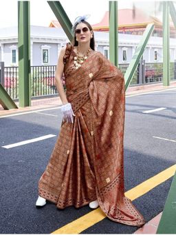 BFM - Rust Satin Crepe Silk Printed Saree with Unstitched Blouse