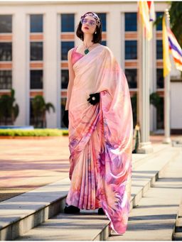 BFM - Baby Pink Satin Crepe Printed Saree with Unstitched Blouse