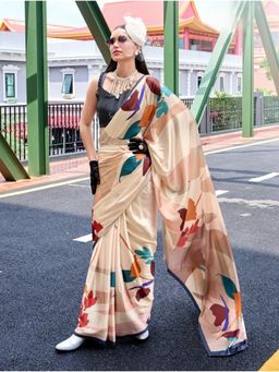 BFM - Cream Satin Crepe Printed Floral Saree with Unstitched Blouse
