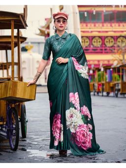 BFM - Dark Forest Green Satin Crepe Printed Saree with Unstitched Blouse