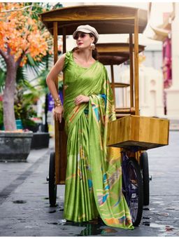 BFM - Dark Olive Green Satin Crepe Printed Abstract Saree with Unstitched Blouse