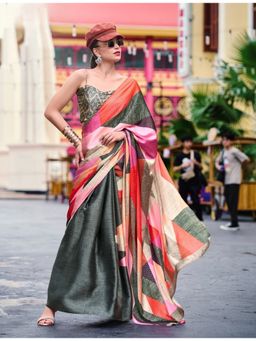BFM - Light Olive Satin Crepe Printed Saree with Unstitched Blouse