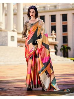 BFM - Multi Colour Satin Crepe Printed Ethnic Motifs Saree with Unstitched Blouse