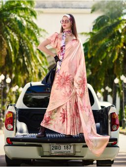 BFM - Peach Satin Crepe Printed Saree with Unstitched Blouse