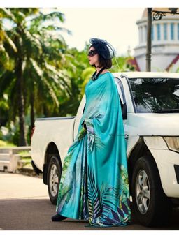BFM - Aqua Satin Crepe Printed Abstract Saree with Unstitched Blouse