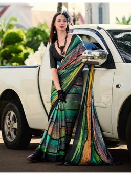 BFM - Teal Satin Crepe Printed Abstract Saree with Unstitched Blouse