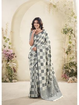 BFM - Cream Linen Silk Woven Checkered Design Saree with Unstitched Blouse