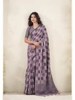BFM - Lavender Linen Silk Woven Checkered Design Saree with Unstitched Blouse