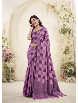 BFM - Pink Linen Silk Woven Checkered Design Saree with Unstitched Blouse