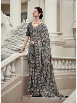 BFM - Ash Grey Pure Mal Silk Printed Saree with Unstitched Blouse