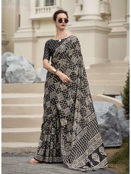 BFM - Ash Black Pure Mal Silk Printed Saree with Unstitched Blouse