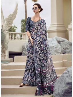 BFM - Ash Blue Pure Mal Silk Printed Saree with Unstitched Blouse