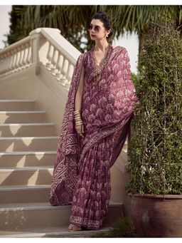 BFM - Ash Maroon Pure Mal Silk Printed Saree with Unstitched Blouse